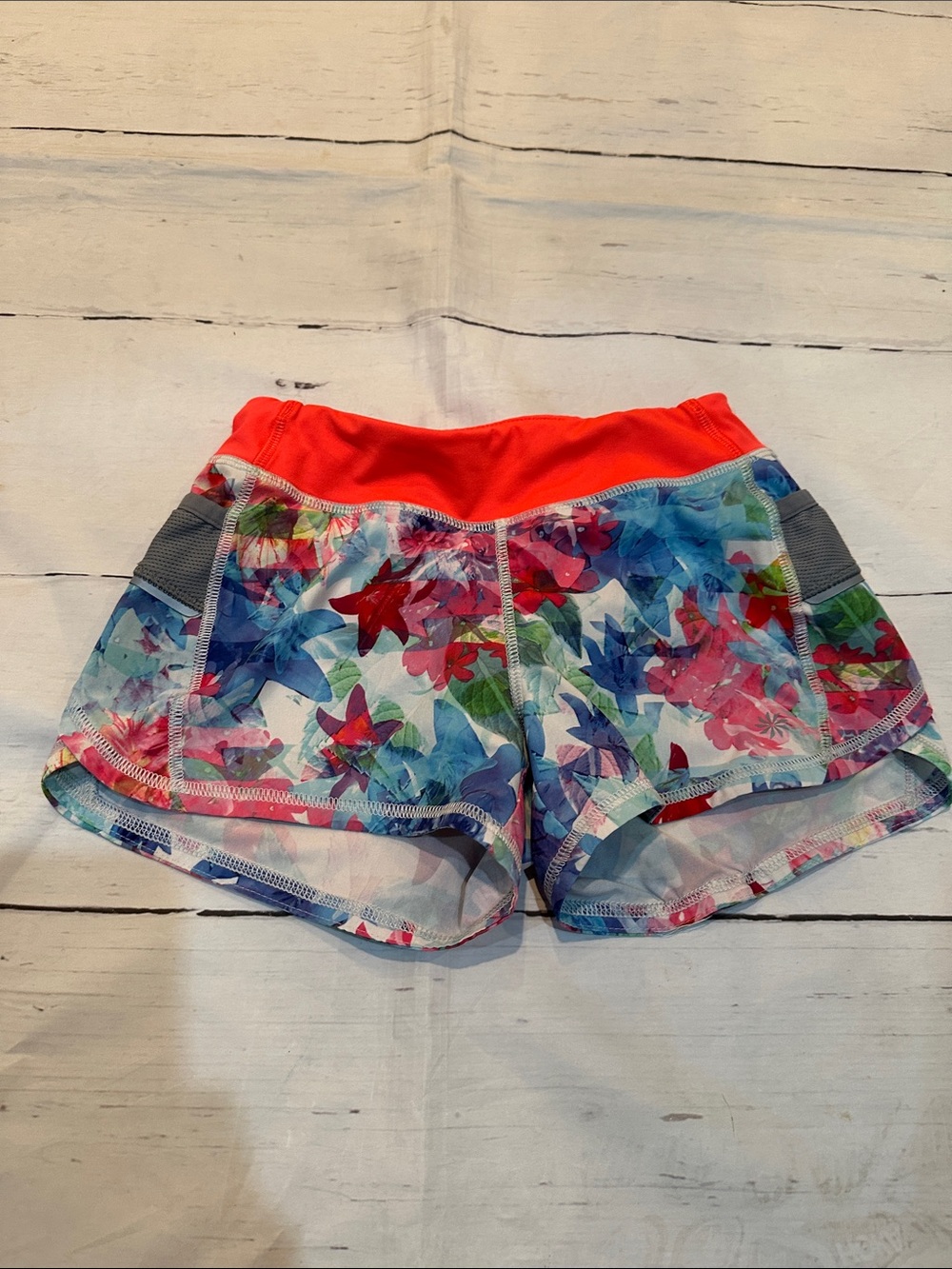 Athleta Girl Floral Multi-Color Athletic Shorts with Coral Waistband size 7